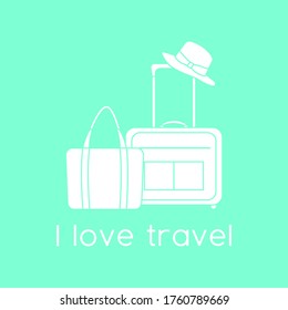 Vector illustration Suitcase, sun hat, beach bag isolated on color background. I love travel. Summer time, vacation, holiday, leisure. Concept for travel agency. Design for web page, print