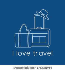 Vector illustration Suitcase, sun hat, beach bag isolated on color background. I love travel. Summer time, vacation, holiday, leisure. Concept for travel agency. Design for web page, print