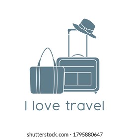 Vector illustration Suitcase, sun hat, beach bag isolated on white background. I love travel. Summer time, vacation, holiday, leisure. Concept for travel agency. Design for web page, print
