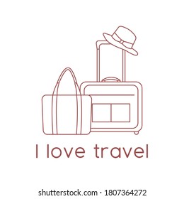 Vector illustration Suitcase, sun hat, beach bag isolated on white background. I love travel. Summer time, vacation, holiday, leisure. Concept for travel agency. Design for web page, print