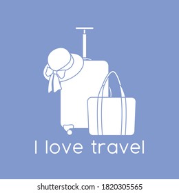 Ilustración vectorial Maleta, sombrero solar, bolsa de playa aislada en el fondo del color. Me encanta viajar. Tiempo de verano, vacaciones, vacaciones, ocio. Concepto de agencia de viajes. Diseño de página web, impresión