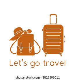 Vector illustration Suitcase, sun hat, backpack isolated on white background. Let's go travel. Summer time, vacation, holiday, leisure. Concept for travel agency. Design for web page, print