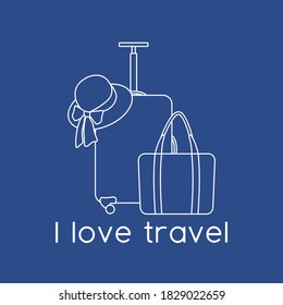 Ilustración vectorial Maleta, sombrero solar, bolsa de playa aislada en el fondo del color. Me encanta viajar. Tiempo de verano, vacaciones, vacaciones, ocio. Concepto de agencia de viajes. Diseño de página web, impresión
