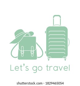 Vector illustration Suitcase, sun hat, backpack isolated on white background. Let's go travel. Summer time, vacation, holiday, leisure. Concept for travel agency. Design for web page, print