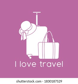 Ilustración vectorial Maleta, sombrero solar, bolsa de playa aislada en el fondo del color. Me encanta viajar. Tiempo de verano, vacaciones, vacaciones, ocio. Concepto de agencia de viajes. Diseño de página web, impresión