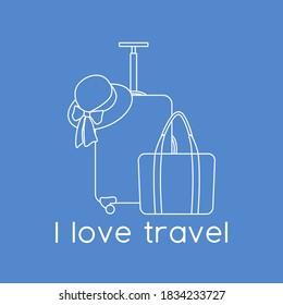 Vector illustration Suitcase, sun hat, beach bag isolated on color background. I love travel. Summer time, vacation, holiday, leisure. Concept for travel agency. Design for web page, print