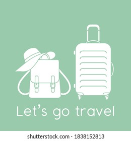 Ilustración vectorial Maleta, sombrero solar, mochila aislada en el fondo de color. Vamos a viajar. Tiempo de verano, vacaciones, vacaciones, ocio. Concepto de agencia de viajes. Diseño de página web, impresión