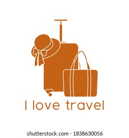 Ilustración vectorial Maleta, sombrero solar, bolsa de playa aislada sobre fondo blanco. Me encanta viajar. Tiempo de verano, vacaciones, vacaciones, ocio. Concepto de agencia de viajes. Diseño de página web, impresión