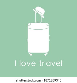 Vector illustration Suitcase, sun hat isolated on color background. I love travel. Summer time, vacation, holiday, leisure. Concept for travel agency, booking service. Design for web page, print