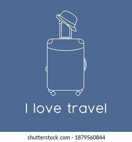 Vector illustration Suitcase, sun hat isolated on color background. I love travel. Summer time, vacation, holiday, leisure. Concept for travel agency, booking service. Design for web page, print