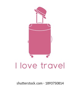 Vector illustration Suitcase, sun hat isolated on white background. I love travel. Summer time, vacation, holiday, leisure. Concept for travel agency, booking service. Design for web page, print