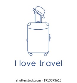 Vector illustration Suitcase, sun hat isolated on white background. I love travel. Summer time, vacation, holiday, leisure. Concept for travel agency, booking service. Design for web page, print