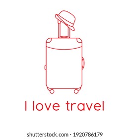 Vector illustration Suitcase, sun hat isolated on white background. I love travel. Summer time, vacation, holiday, leisure. Concept for travel agency, booking service. Design for web page, print