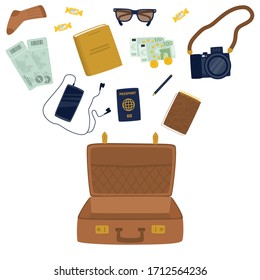 Vector Illustration Of A Suitcase And Travel Items. Cartoon Drawing Travel Bag Isolated On White Background.