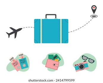 Vector illustration of suitcase and travel items. Cartoon drawing of a suitcase and a plane flying along a dotted line to a point on a map, isolated on a white background.