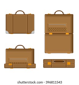 Vector illustration a suitcase with various parties in open and closed form. Luggage Icons brown suitcase in a flat style.