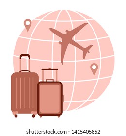 Vector illustration with suitcases, airplane, tags on the globe point of departure and destination. Time to travel. Summer time, vacation. Leisure logo.