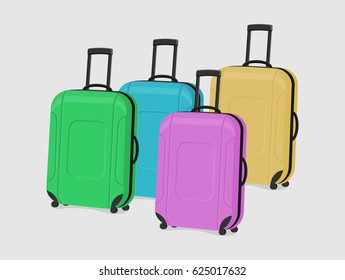 Vector illustration of suitcases. Green, blue, pink and yellow boarding bags isolated on a white background.