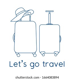 Ilustración vectorial Maletas, sombrero solar aislado en fondo blanco. Vamos a viajar. Hora de verano, vacaciones, vacaciones, ocio. Concepto de agencia de viajes, servicio de reservas. Diseño para página web, imprimir