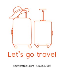 Vector illustration Suitcases, sun hat isolated on white background. Let's go travel. Summer time, vacation, holiday, leisure. Concept for travel agency, booking service. Design for web page, print