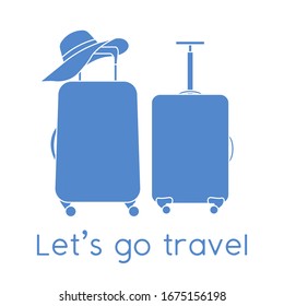 Vector illustration Suitcases, sun hat isolated on white background. Let's go travel. Summer time, vacation, holiday, leisure. Concept for travel agency, booking service. Design for web page, print
