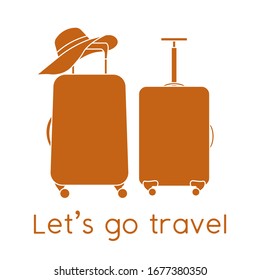 Vector illustration Suitcases, sun hat isolated on white background. Let's go travel. Summer time, vacation, holiday, leisure. Concept for travel agency, booking service. Design for web page, print