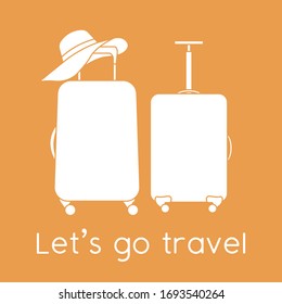 Vector illustration Suitcases, sun hat isolated on color background. Let's go travel. Summer time, vacation, holiday, leisure. Concept for travel agency, booking service. Design for web page, print