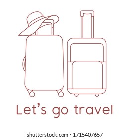 Vector illustration Suitcases, sun hat isolated on white background. Let's go travel. Summer time, vacation, holiday, leisure. Concept for travel agency, booking service. Design for web page, print