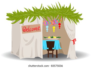 A Vector illustration of a Sukkah decorated with ornaments for the Jewish Holiday Sukkot.