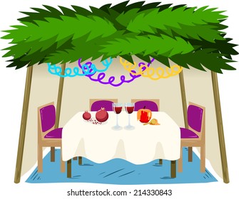 Vector illustration of Sukkah with ornaments table with food for the Jewish Holiday Sukkot. 