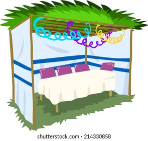 Vector illustration of Sukkah with ornaments and table for the Jewish Holiday Sukkot. 