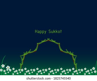 Vector Illustration of Sukkot set of herbs and spices of the etrog, lulav, Arava, Hadas. Sukkot Festival greeting card with traditional symbpls lulav, etrog, shofar, palm tree leaves frame.