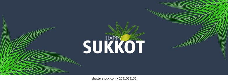 Vector Illustration of Sukkot set of herbs and spices of the etrog, lulav, Arava, Hadas. Sukkot Festival greeting card with traditional symbpls lulav, etrog, shofar, palm tree leaves frame.