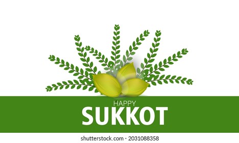 Vector Illustration of Sukkot set of herbs and spices of the etrog, lulav, Arava, Hadas. Sukkot Festival greeting card with traditional symbpls lulav, etrog, shofar, palm tree leaves frame.