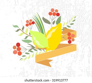 Vector illustration for Sukkoth (Jewish Traditional Holiday). Icon/badge devoted to Sukkot (Holiday). Template for card with lemon, four species and textured background