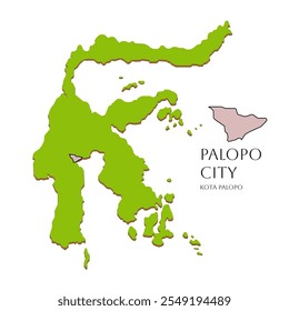 Vector illustration of the Sulawesi map, highlighting Palopo City in South Sulawesi Province, Indonesia, featuring a detailed map of cities and regencies.