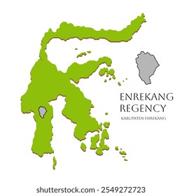 Una Ilustración vectorial del mapa de Célebes, destacando la Regencia de Enrekang en la provincia de Célebes del Sur, Indonesia, con divisiones de ciudad y regencia.