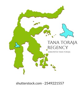 Vector illustration of the Sulawesi map in Indonesia, highlighting Tana Toraja Regency, located in South Sulawesi Province, Indonesia, featuring a detailed city and regency map.