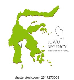 Vector illustration of the Sulawesi map, Indonesia, featuring Luwu Regency in South Sulawesi Province. Detailed map of cities and regencies in this region.