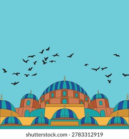 Vector illustration of an Suleymaniye Islamic mosque with colorful domes and birds flying in a clear blue sky