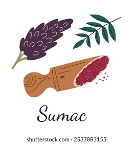 Vektorgrafik von Sumac-Gewürz mit Zweig, Blättern und gemahlenem Pulver auf Holzpesteln. Flacher Cartoon-Stil, ideal für kulinarische, botanische Themen, Gewürze, mediterrane und nahöstliche Küche