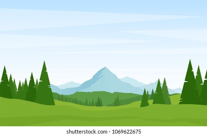 Vector illustration: Summer Alpine Mountains landscape with pines on foreground