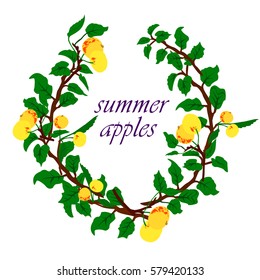 Vector illustration of summer apples and green leaves on white background.