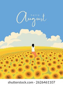 Vector illustration. Summer, August, poster, banner, postcard, cover. Modern design. Tourism. Sunflower field, girl.