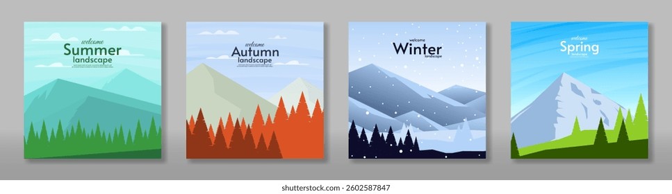 Vector illustration. Summer, autumn, winter and spring. Set of abstract season landscape card. Flat style design nature.