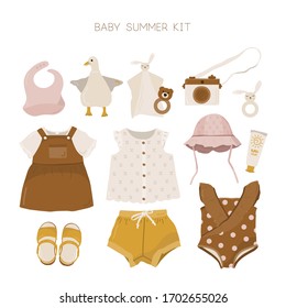Vector illustration of Summer baby kit fashion clothes. Cartoon doodle kids elements for nursery room decor, children design, baby shower invite.