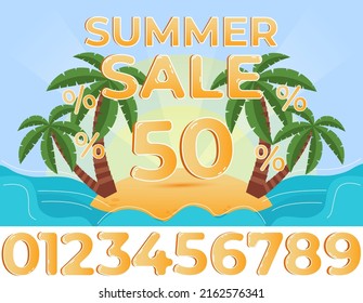 Vector illustration summer background, banner for summer sale with set of numbers