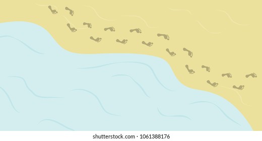 vector illustration of summer background with beach view and sea with peoples step prints along the shore