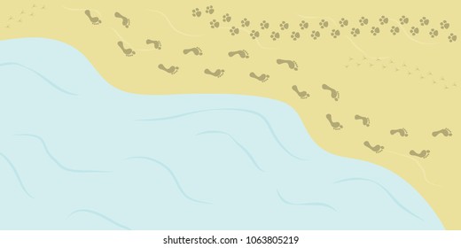 vector illustration of summer background with beach view and sea with people bird animal step prints along the shore