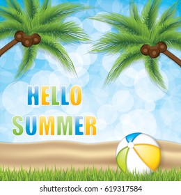 Vector illustration of summer background with beach ball on the sand